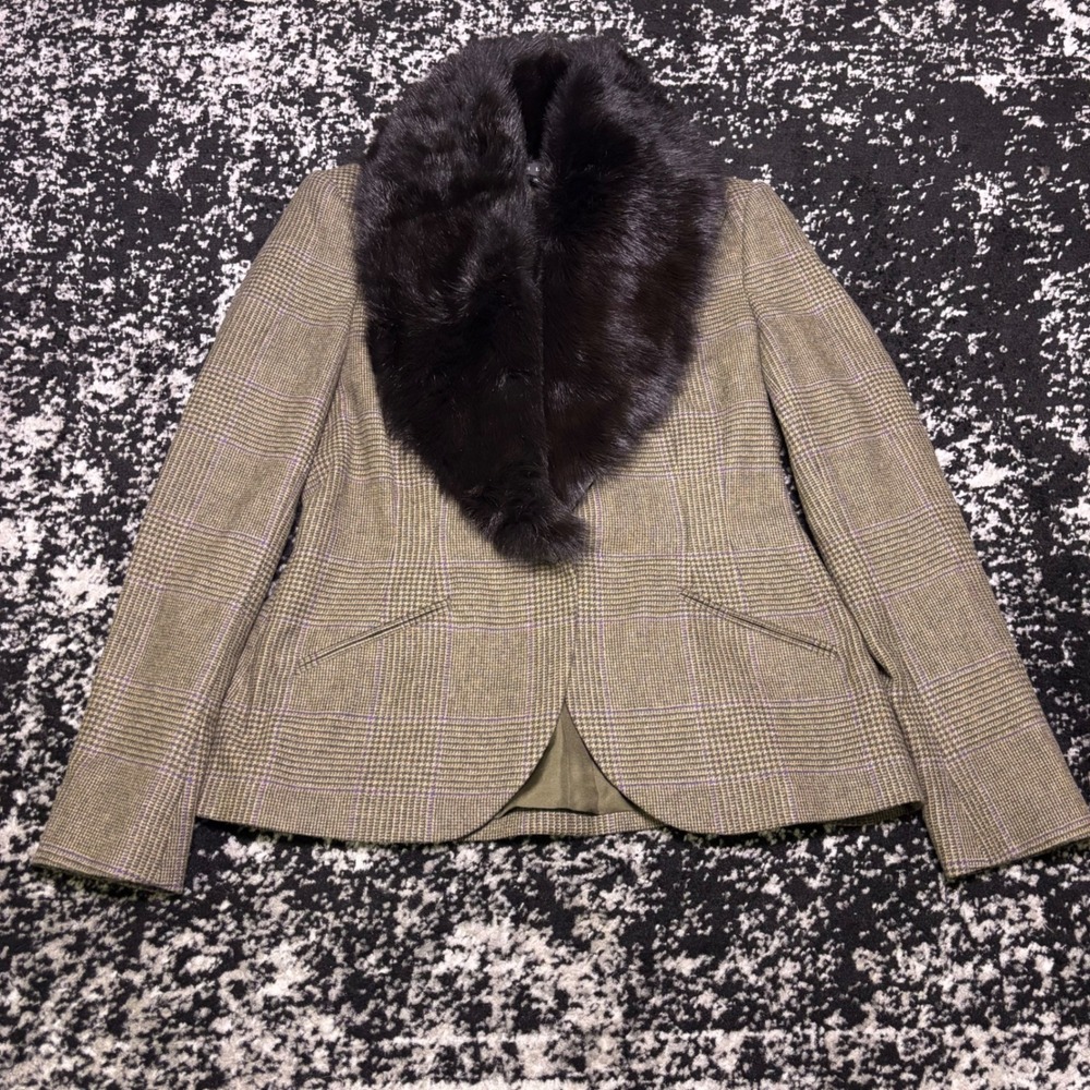 Vtg Ralph Lauren Black Label Wool Silk Blazer Shearling Fur Collar Plaid Sz 10